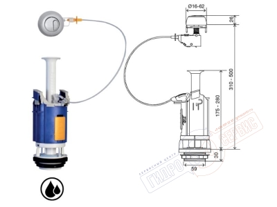 Механизм двойного слива бачка унитаза с кнопкой Хром 16-60мм и тросовым приводом, OLI Atlas Cable Механизм двойного слива бачка унитаза с кнопкой Хром 16-60мм и тросовым приводом, OLI Atlas Cable