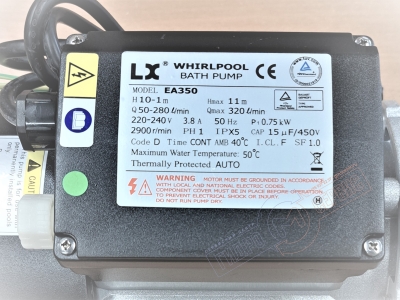 Электро помпа LX EA350 220-240V, 0.75K, PH1 wгидромассажа для ванны с пневмовключением, в сборе с фланцами 48mm и блок-ки сухого хода  Appollo-Aqalux для ремонта ванн джакузи
